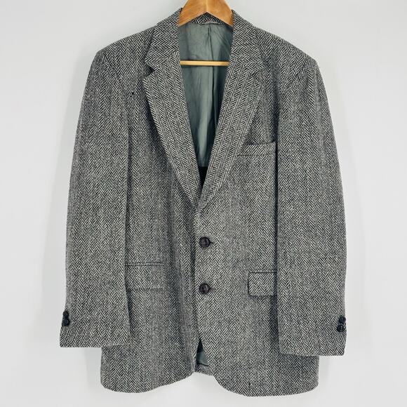 Vintage Harris Tweed Blazer Men’s 40R Herringbone Wool Gray 2 Button Single Vent - Picture 1 of 13